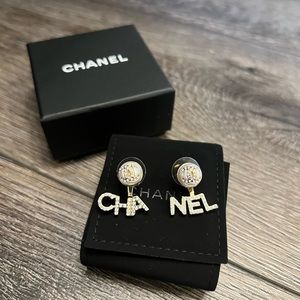 Chanel Pearly White Crystal CC "CHA" "NEL" Statement Earrings